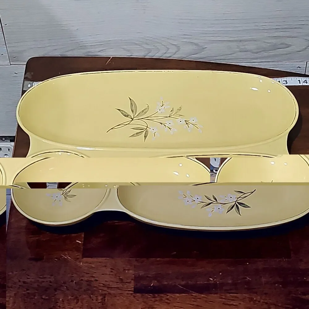 Vintage MCM Yellow 3-Section Divided Relish Dish Serving Tray White Floral Gold